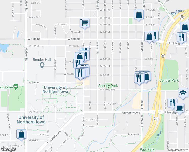 map of restaurants, bars, coffee shops, grocery stores, and more near 710 West 22nd Street in Cedar Falls