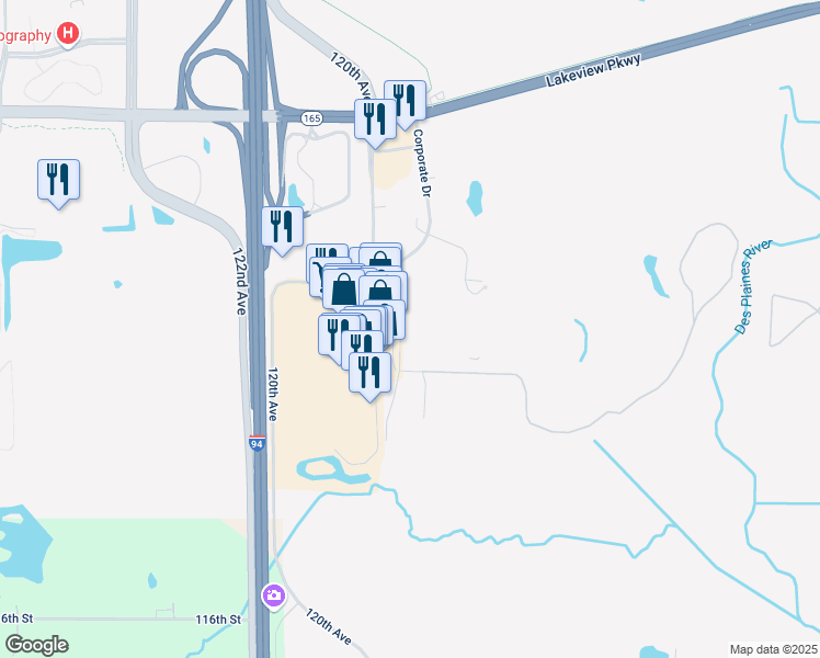 map of restaurants, bars, coffee shops, grocery stores, and more near 58 116th Avenue in Pleasant Prairie