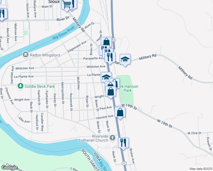map of restaurants, bars, coffee shops, grocery stores, and more near 2303 Riverside Boulevard in Sioux City