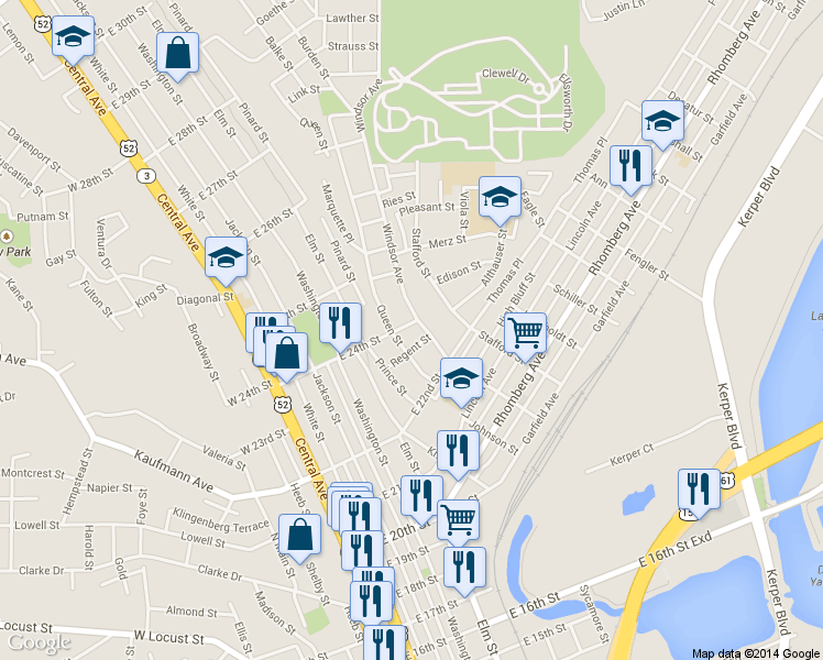 map of restaurants, bars, coffee shops, grocery stores, and more near 620 E 24th St in Dubuque