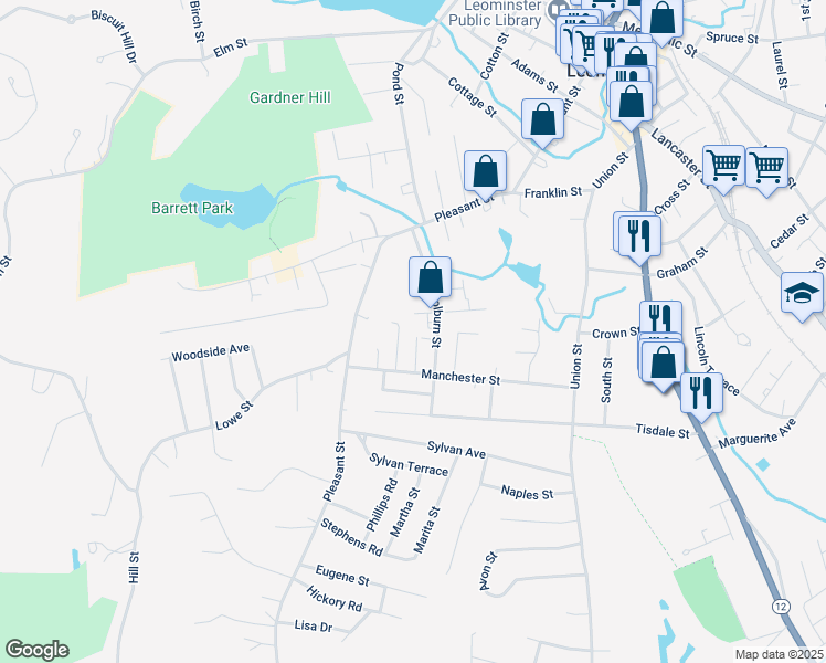 map of restaurants, bars, coffee shops, grocery stores, and more near 34 Marjorie Street in Leominster
