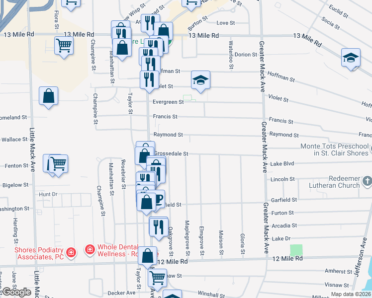 map of restaurants, bars, coffee shops, grocery stores, and more near 21627 Grossedale Street in St. Clair Shores