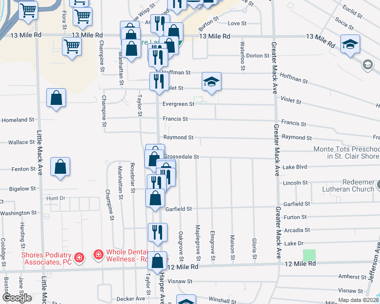 map of restaurants, bars, coffee shops, grocery stores, and more near 21627 Grossedale Street in Saint Clair Shores
