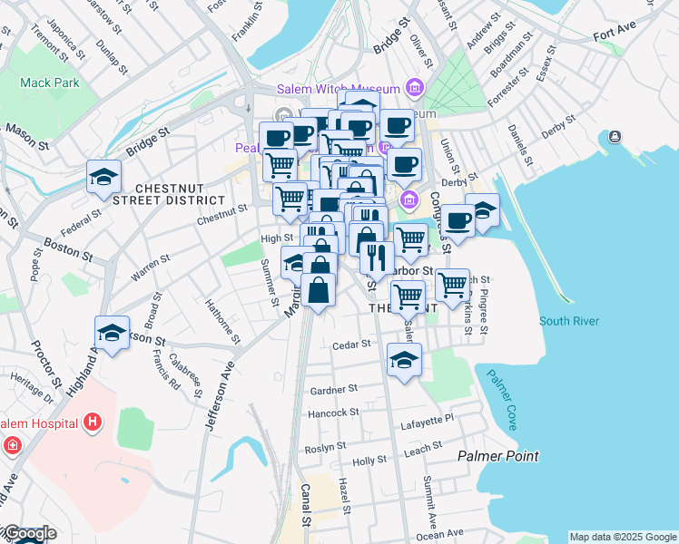 map of restaurants, bars, coffee shops, grocery stores, and more near 260 Washington Street in Salem