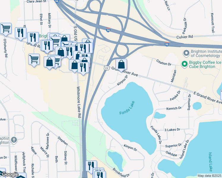 map of restaurants, bars, coffee shops, grocery stores, and more near 5883 Kinyon Drive in Brighton