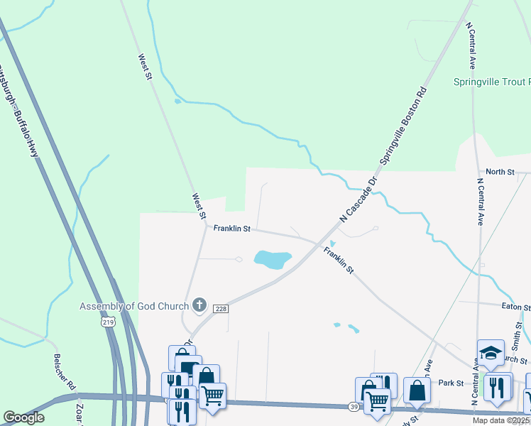 map of restaurants, bars, coffee shops, grocery stores, and more near 29 Woodland Heights in Springville