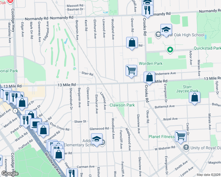 map of restaurants, bars, coffee shops, grocery stores, and more near 3217 Woodland Avenue in Royal Oak