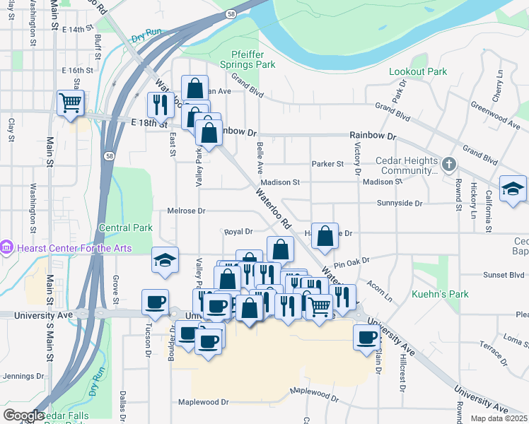map of restaurants, bars, coffee shops, grocery stores, and more near 1104 Melrose Drive in Cedar Falls