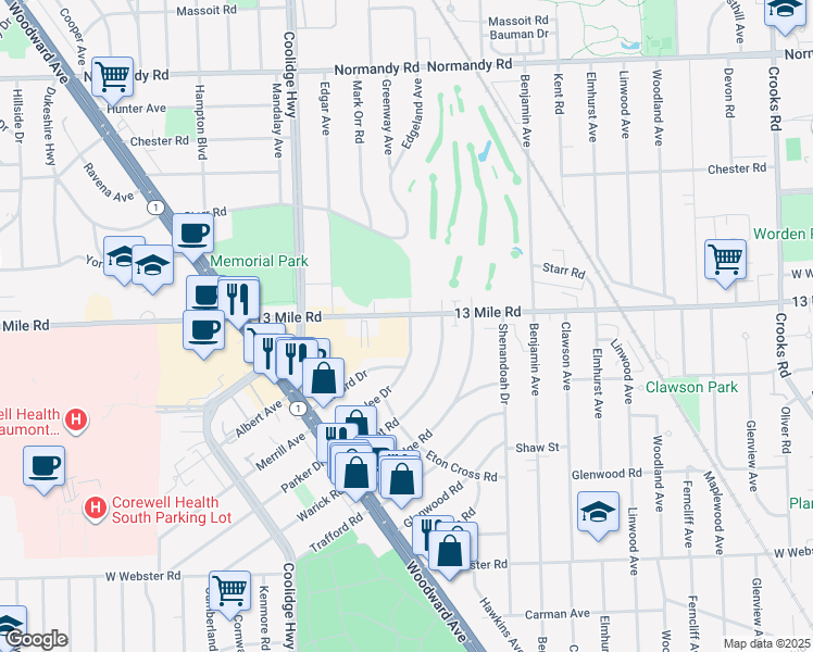 map of restaurants, bars, coffee shops, grocery stores, and more near 2819 Woodslee Drive in Royal Oak