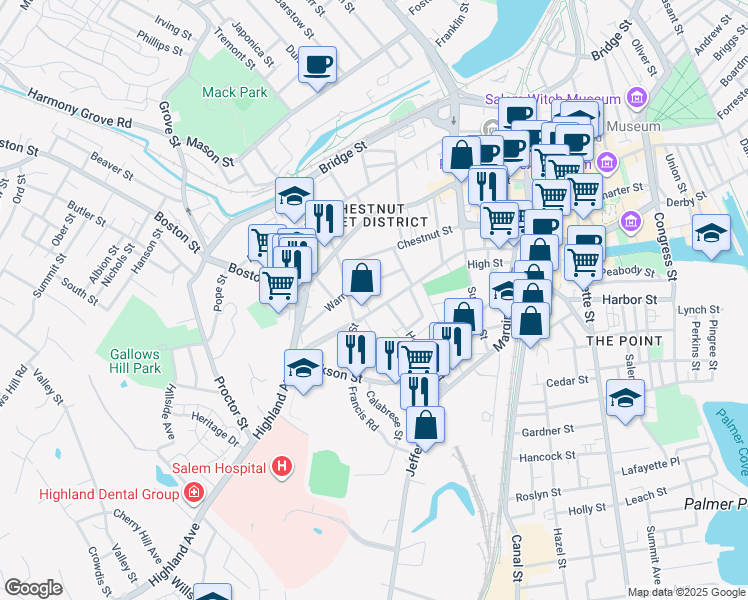 map of restaurants, bars, coffee shops, grocery stores, and more near 38 Broad Street in Salem