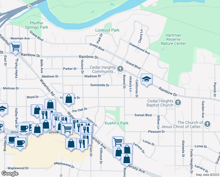 map of restaurants, bars, coffee shops, grocery stores, and more near 1925 Sunnyside Drive in Cedar Falls
