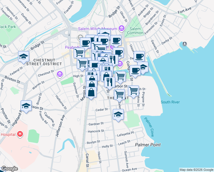 map of restaurants, bars, coffee shops, grocery stores, and more near 9 Harbor Street in Salem