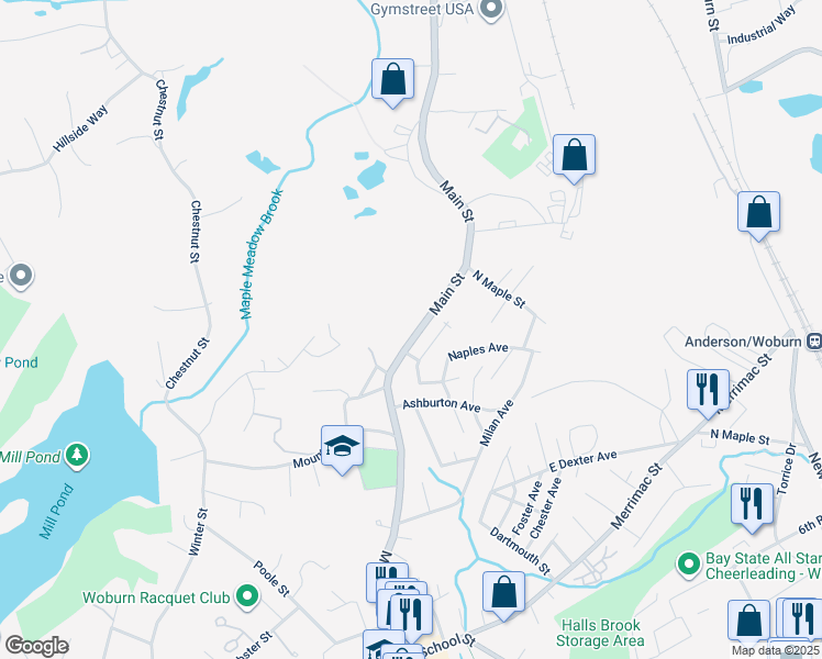 map of restaurants, bars, coffee shops, grocery stores, and more near 1042 Main Street in Woburn