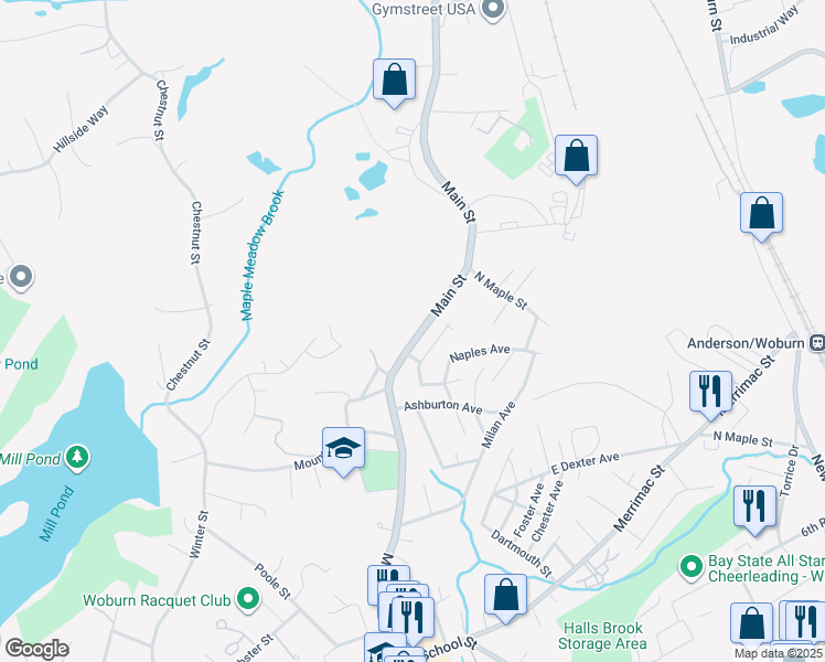 map of restaurants, bars, coffee shops, grocery stores, and more near 1043 Massachusetts 38 in Woburn