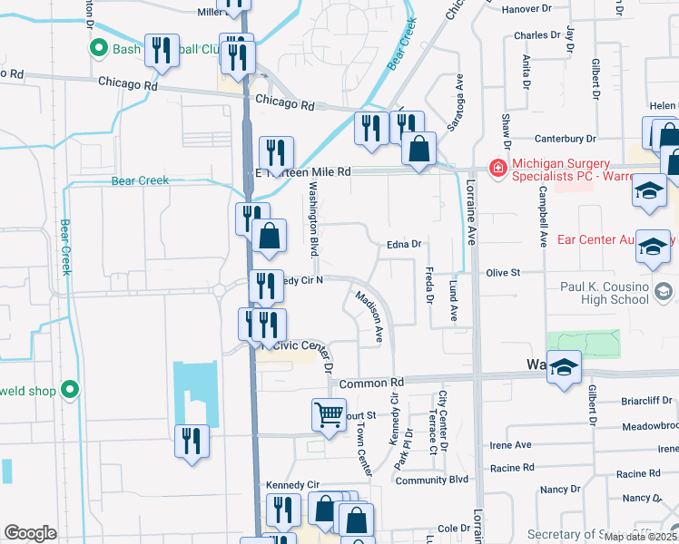 map of restaurants, bars, coffee shops, grocery stores, and more near 8201 Kennedy Circle North in Warren