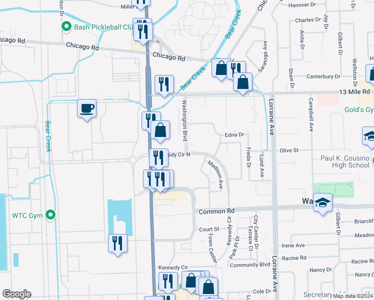 map of restaurants, bars, coffee shops, grocery stores, and more near 8201 Kennedy Circle North in Warren
