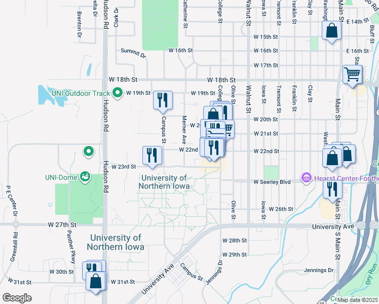 map of restaurants, bars, coffee shops, grocery stores, and more near in Cedar Falls