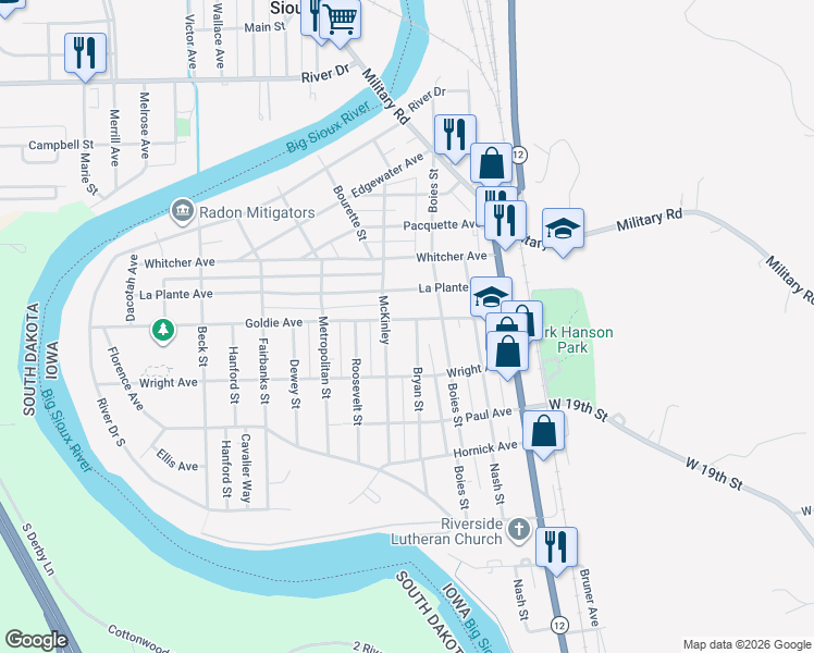 map of restaurants, bars, coffee shops, grocery stores, and more near 2220 Bryan Street in Sioux City