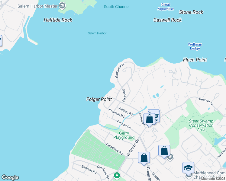 map of restaurants, bars, coffee shops, grocery stores, and more near 249 Green Street in Marblehead