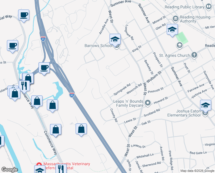 map of restaurants, bars, coffee shops, grocery stores, and more near 12 Randall Road in Reading