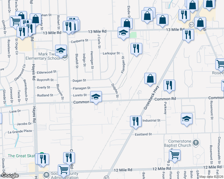 map of restaurants, bars, coffee shops, grocery stores, and more near 16047 Loreto Street in Roseville