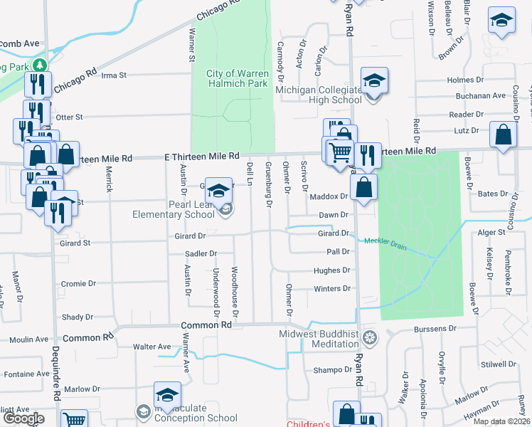 map of restaurants, bars, coffee shops, grocery stores, and more near 30535 Gruenburg Drive in Warren