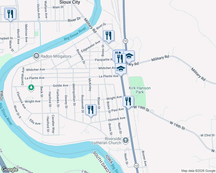 map of restaurants, bars, coffee shops, grocery stores, and more near 2232 Boies Street in Sioux City