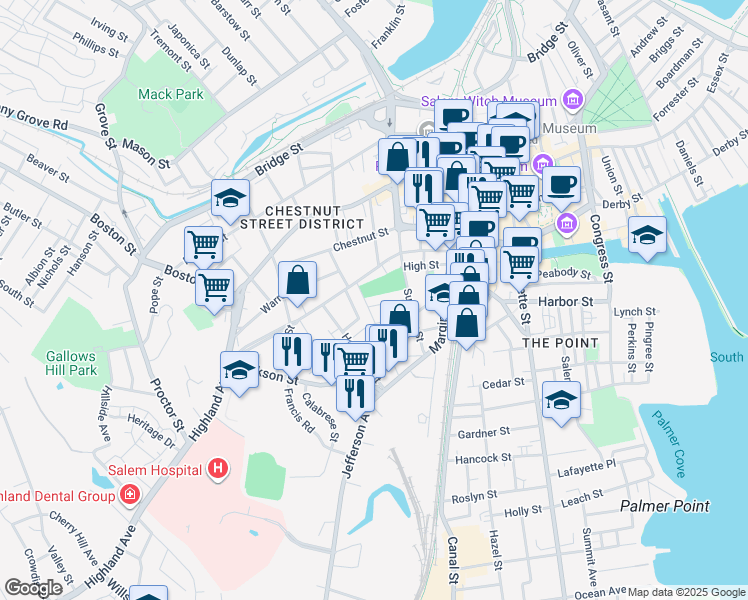 map of restaurants, bars, coffee shops, grocery stores, and more near 11 Mount Vernon Street in Salem