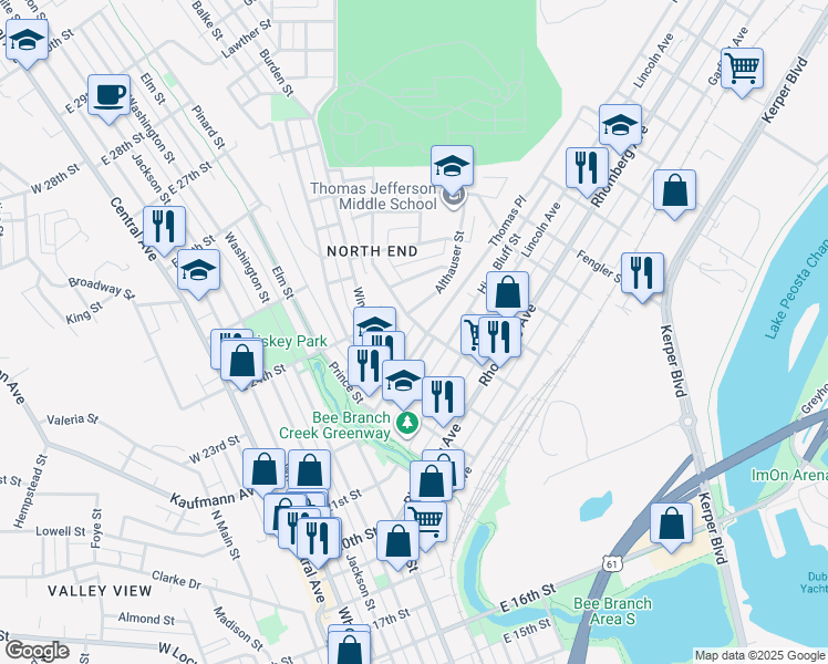 map of restaurants, bars, coffee shops, grocery stores, and more near 2200 Windsor Avenue in Dubuque