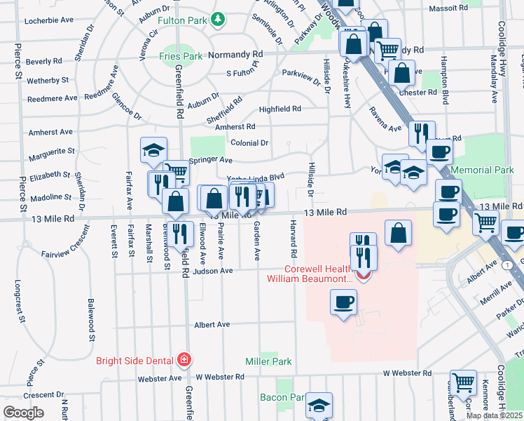 map of restaurants, bars, coffee shops, grocery stores, and more near 4044 13 Mile Road in Royal Oak