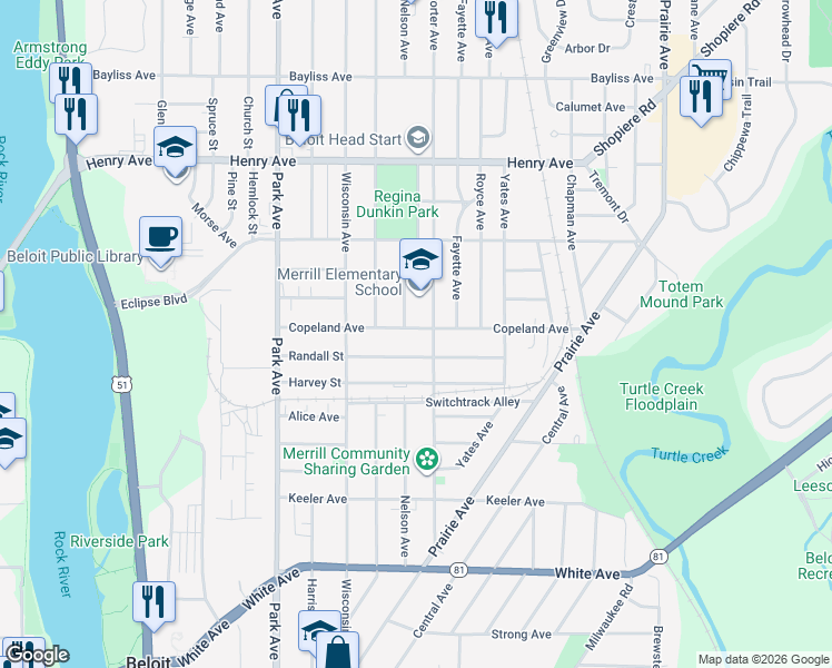 map of restaurants, bars, coffee shops, grocery stores, and more near 1226 Copeland Avenue in Beloit