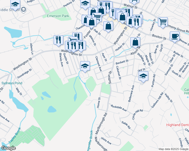 map of restaurants, bars, coffee shops, grocery stores, and more near 10 Howard Avenue in Peabody