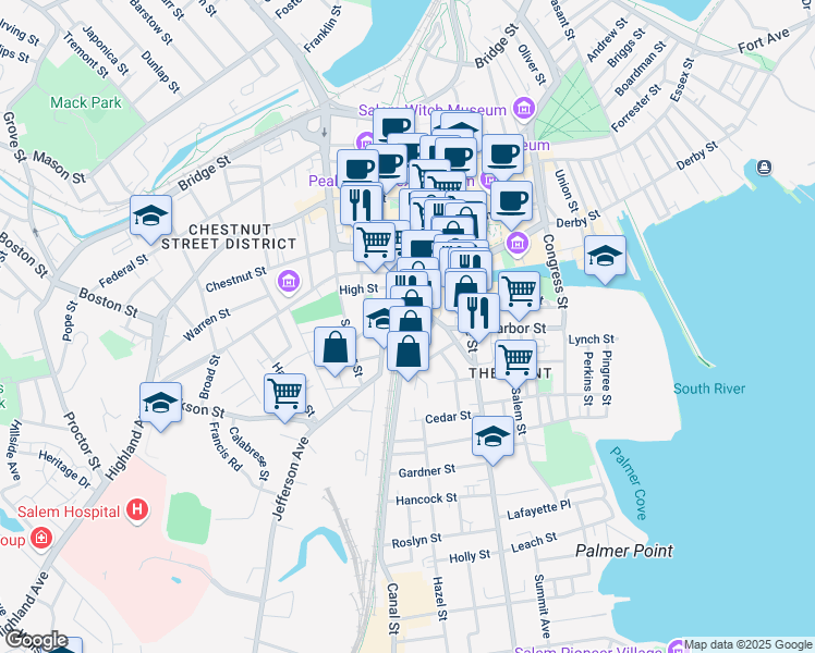 map of restaurants, bars, coffee shops, grocery stores, and more near 4 Canal Street in Salem