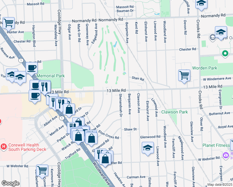 map of restaurants, bars, coffee shops, grocery stores, and more near 2609 West 13 Mile Road in Royal Oak