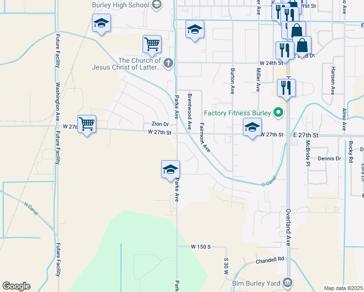 map of restaurants, bars, coffee shops, grocery stores, and more near 2740 Mount Harrison Drive in Burley