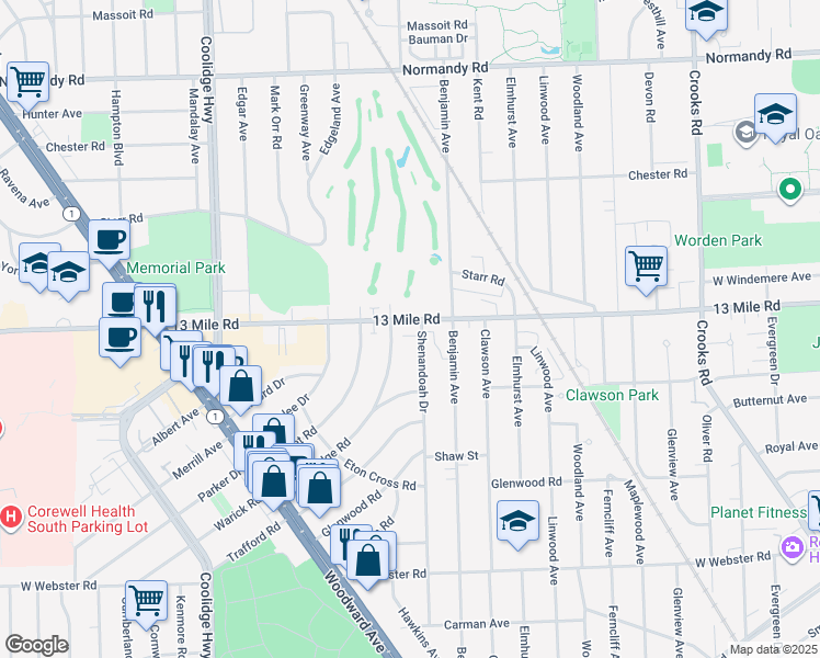 map of restaurants, bars, coffee shops, grocery stores, and more near 2601 13 Mile Road in Royal Oak