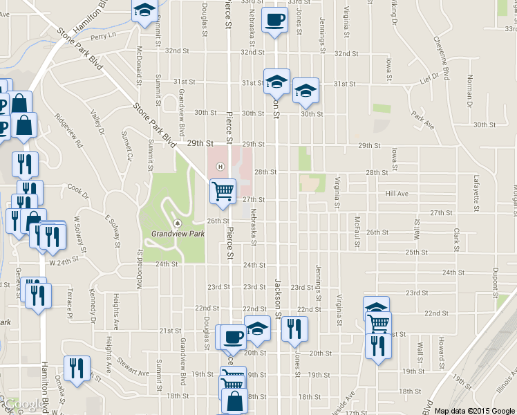 map of restaurants, bars, coffee shops, grocery stores, and more near 2614 Nebraska Street in Sioux City