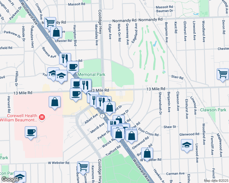 map of restaurants, bars, coffee shops, grocery stores, and more near 3019 13 Mile Road in Royal Oak
