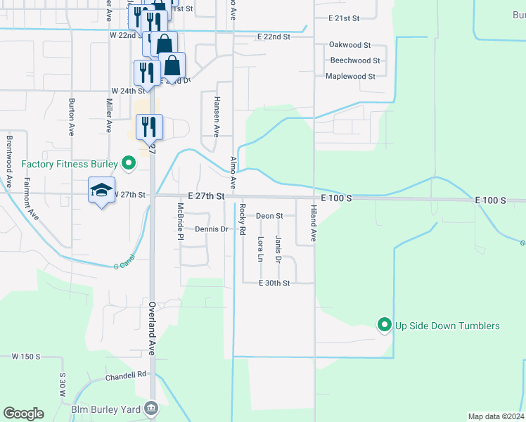 map of restaurants, bars, coffee shops, grocery stores, and more near 521 Deon Street in Burley