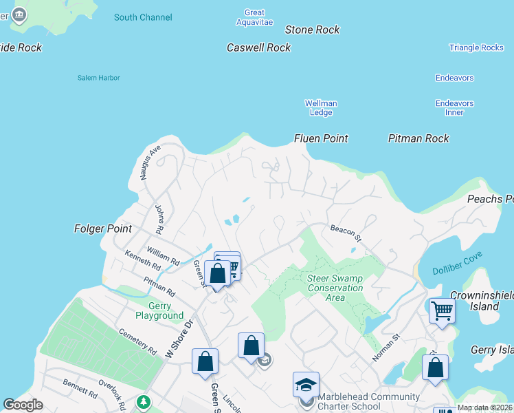 map of restaurants, bars, coffee shops, grocery stores, and more near 20 Whittier Road in Marblehead