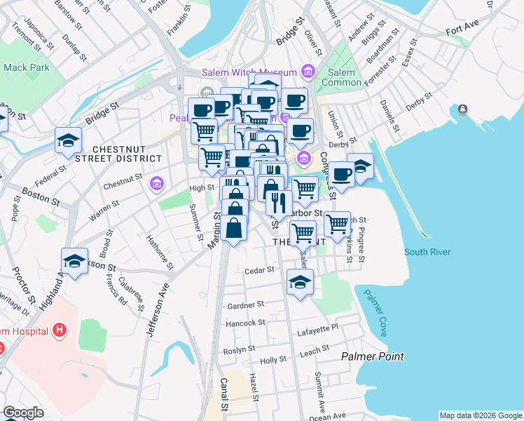 map of restaurants, bars, coffee shops, grocery stores, and more near 5 Pond Street in Salem