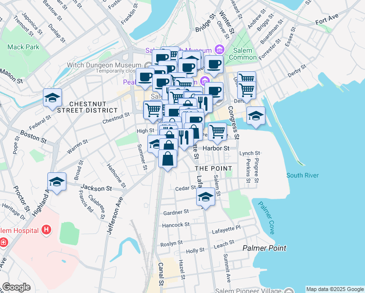 map of restaurants, bars, coffee shops, grocery stores, and more near 5 Pond Street in Salem