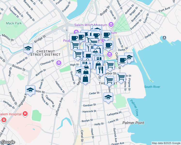map of restaurants, bars, coffee shops, grocery stores, and more near 5 Pond Street in Salem