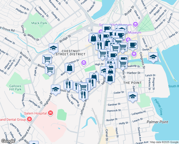 map of restaurants, bars, coffee shops, grocery stores, and more near 11 Mount Vernon Street in Salem