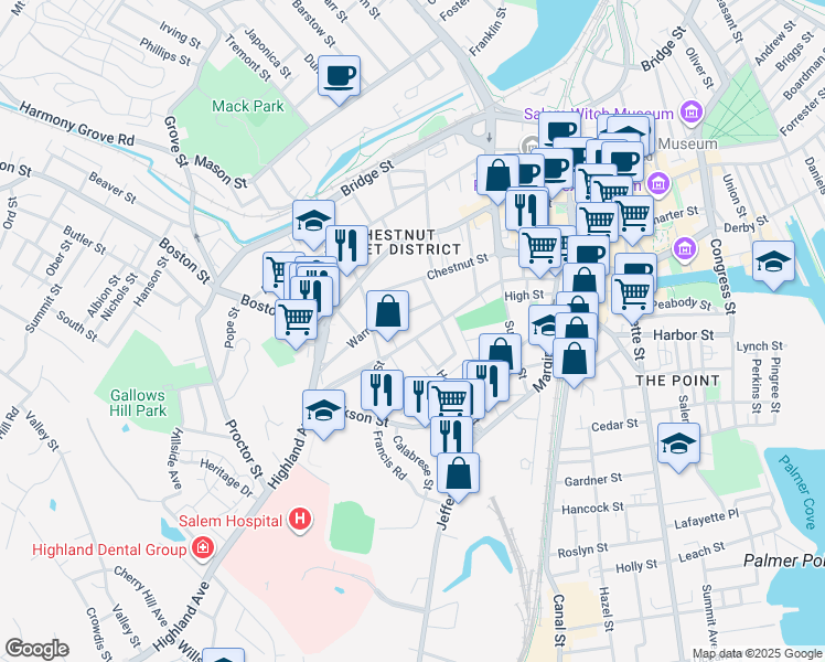 map of restaurants, bars, coffee shops, grocery stores, and more near 38 Broad Street in Salem