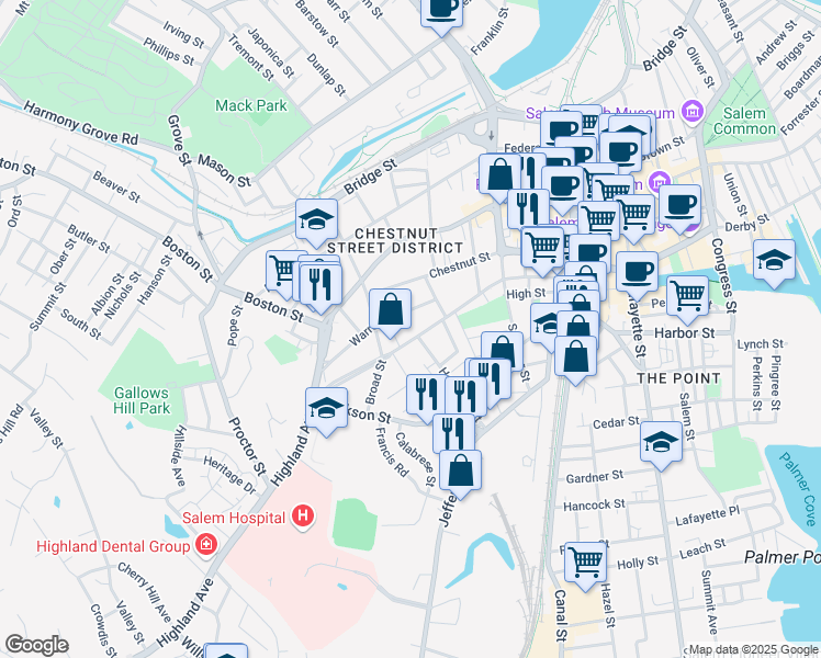 map of restaurants, bars, coffee shops, grocery stores, and more near 38 Broad Street in Salem