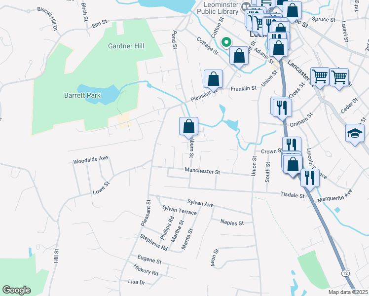map of restaurants, bars, coffee shops, grocery stores, and more near 34 Marjorie Street in Leominster