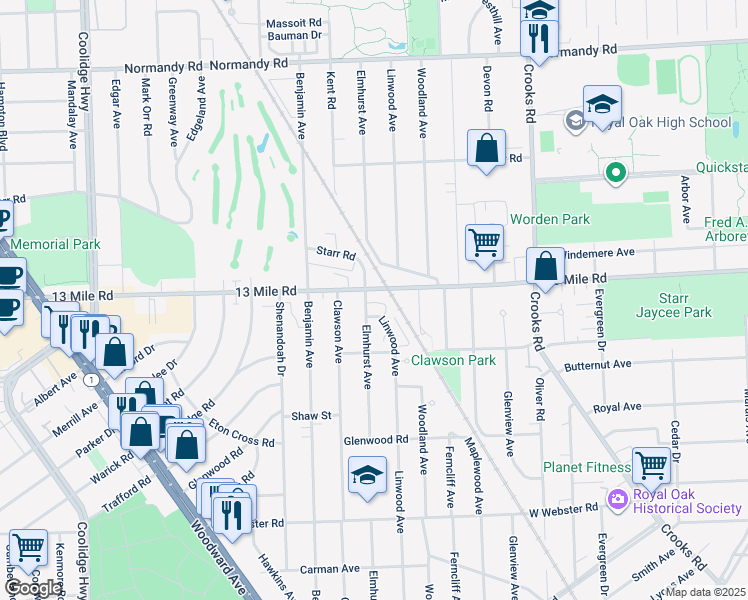 map of restaurants, bars, coffee shops, grocery stores, and more near 3204 Elmhurst Avenue in Royal Oak