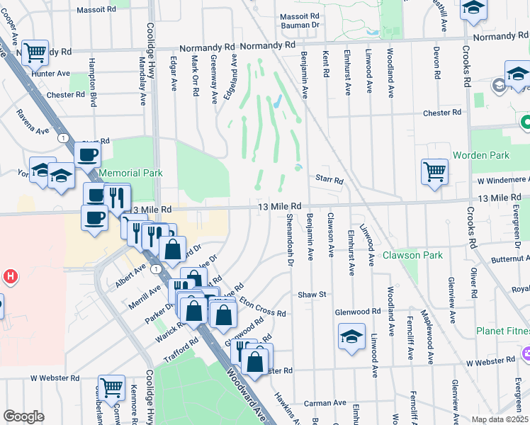 map of restaurants, bars, coffee shops, grocery stores, and more near 2715 Bamlet Road in Royal Oak
