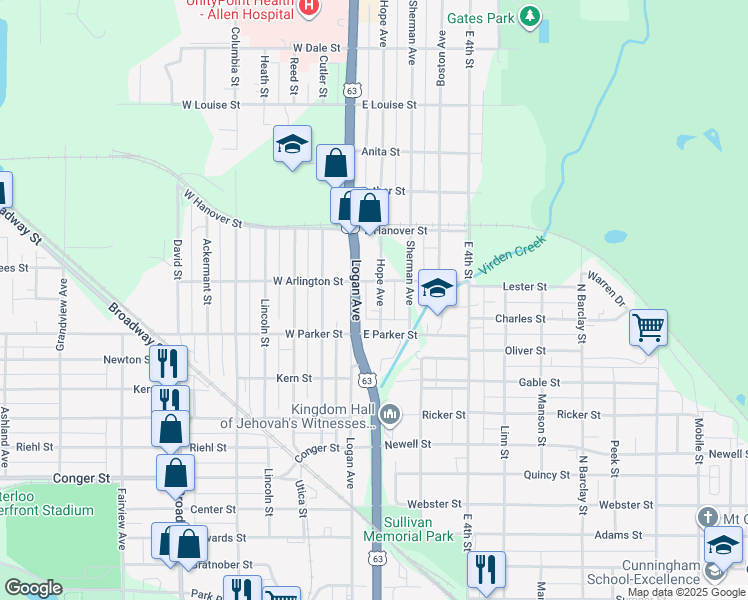map of restaurants, bars, coffee shops, grocery stores, and more near 1224 Logan Avenue in Waterloo
